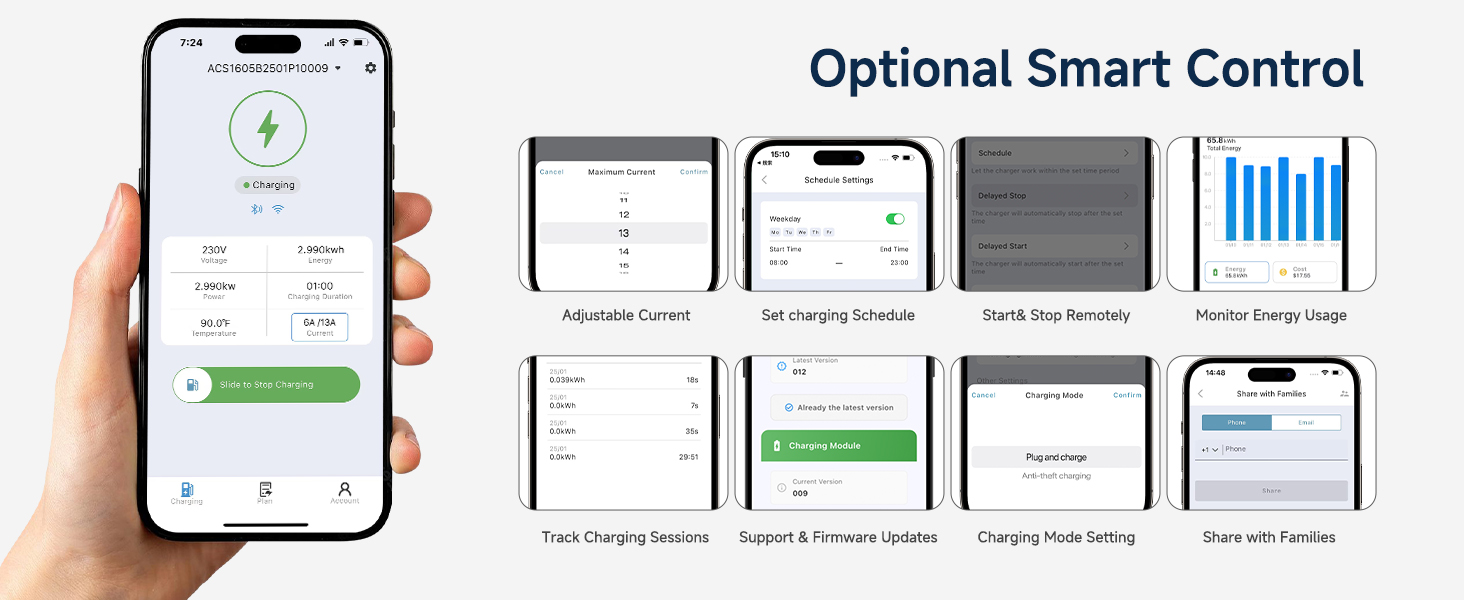 Text reads 'Optional Smart Control'. Smartphone screen displays app interface with various control options and data visualization. Multiple control panel layouts and settings screens shown.
