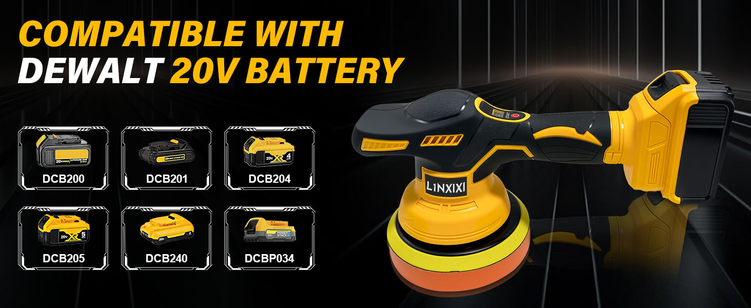 Text reads 'COMPATIBLE WITH DEWALT 20V BATTERY'. Yellow and black cordless power tool with multiple battery and charger options displayed, compatible accessories shown.