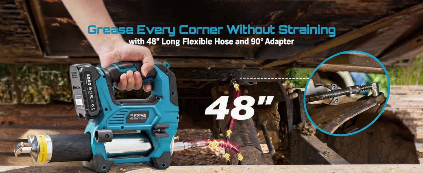 Text reads "Enjoy Corner Without Straining" and "48"" with "Long Range Display". Blue cordless power drill with accessories displayed on wooden surface.