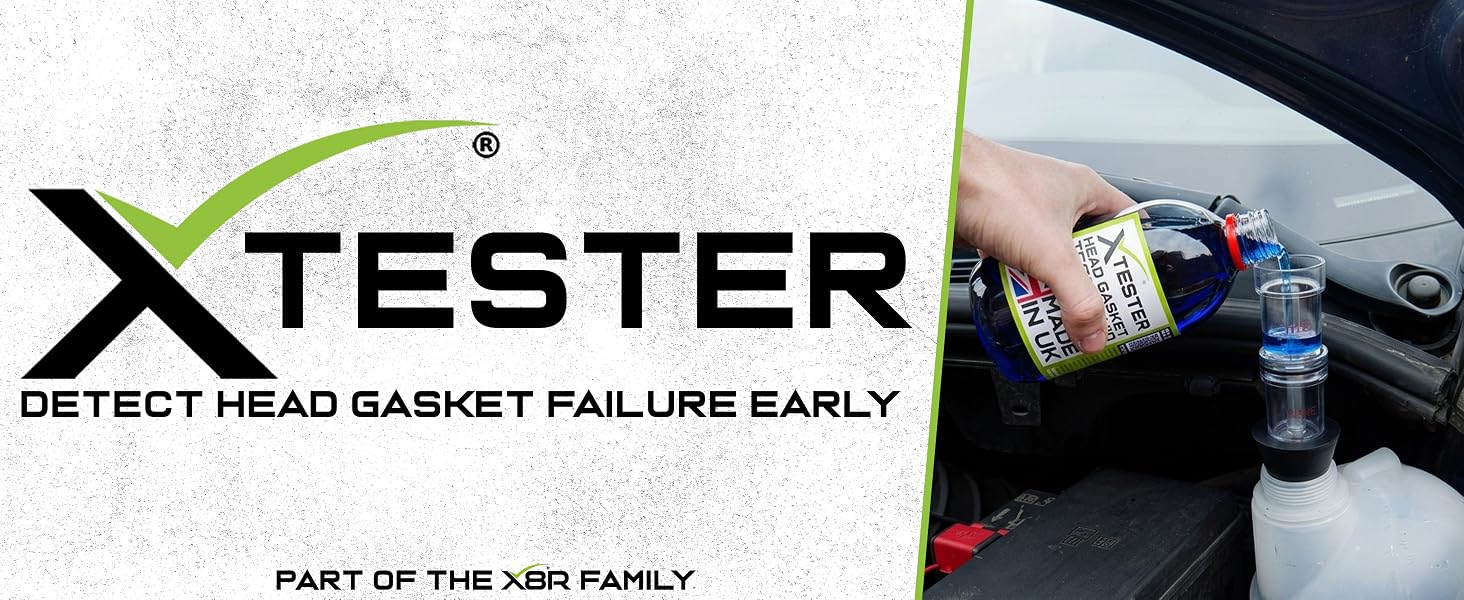 Text reads 'XTESTER DETECT HEAD GASKET FAILURE EARLY' and 'PART OF THE EAN FAMILY'. Product branding with photo of equipment on dark background.