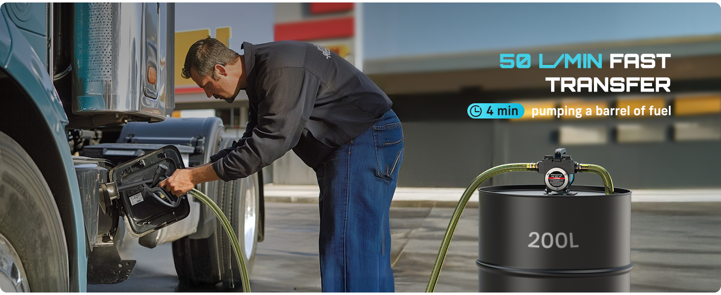 Text reads 'ECO FIRST' and 'TRANSFER'. Person refueling motorhome, portable fuel container labeled '200L' shown in desert setting.