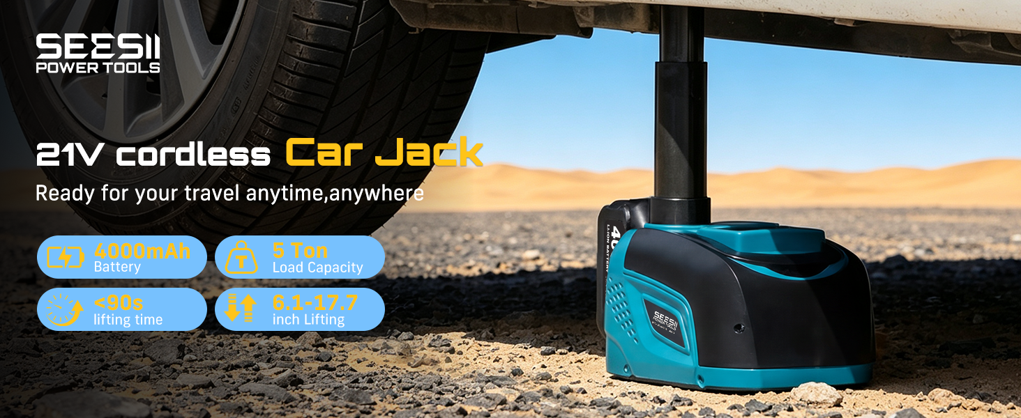 Text reads 'BTV cordless Car Jet Wash'. Blue portable car wash device shown outdoors in desert landscape with blue sky background.