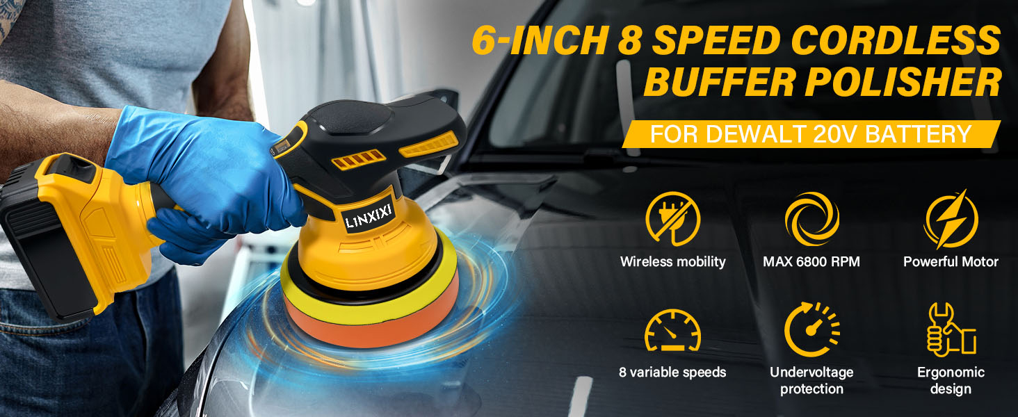 Text reads '6INCH 8 SPEED CORDLESS BUFFER POLISHER'. Yellow and black power tool with circular polishing pad. Features listed: powerful motor, dust collection, variable speed settings. Icons indicate specifications.