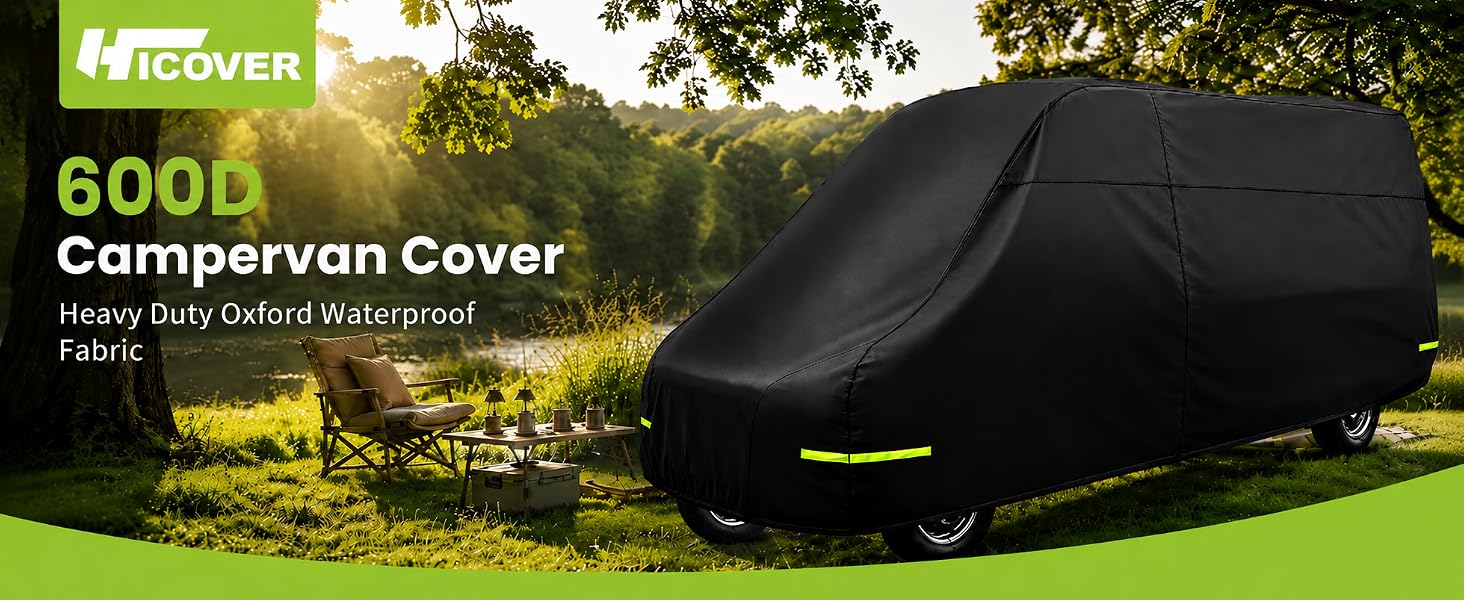 Text reads 'DISCOVER', 'GOOD', 'Campervan Cover', 'Heavy-duty Oxford Waterproof'. Black protective campervan cover displayed on vehicle in outdoor setting with trees and natural lighting.