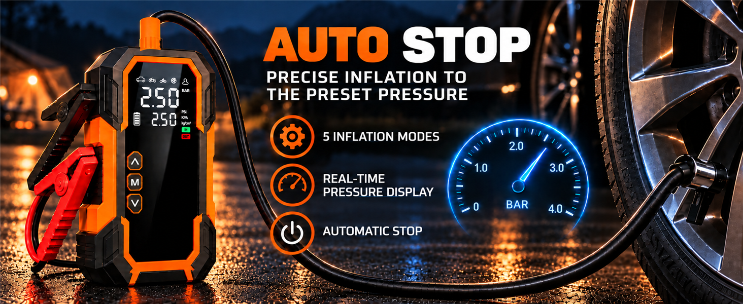 Text reads 'AUTO STOP' and 'PRECISE INSULATION & SAFETY PROTECTION'. Orange and black automotive diagnostic device displayed with gauges and technical specifications on dark background.