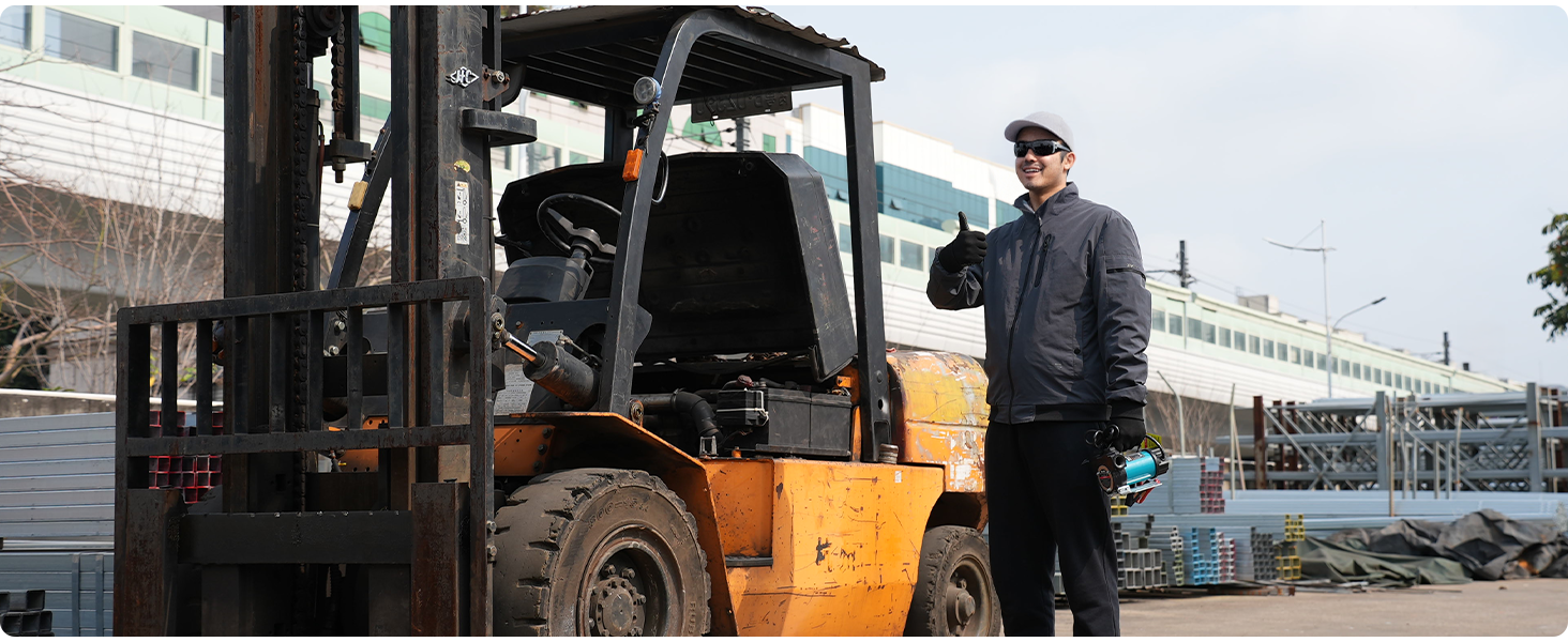 Series of industrial/warehouse images showing forklift operations and loading activities in outdoor settings with shipping containers and machinery.