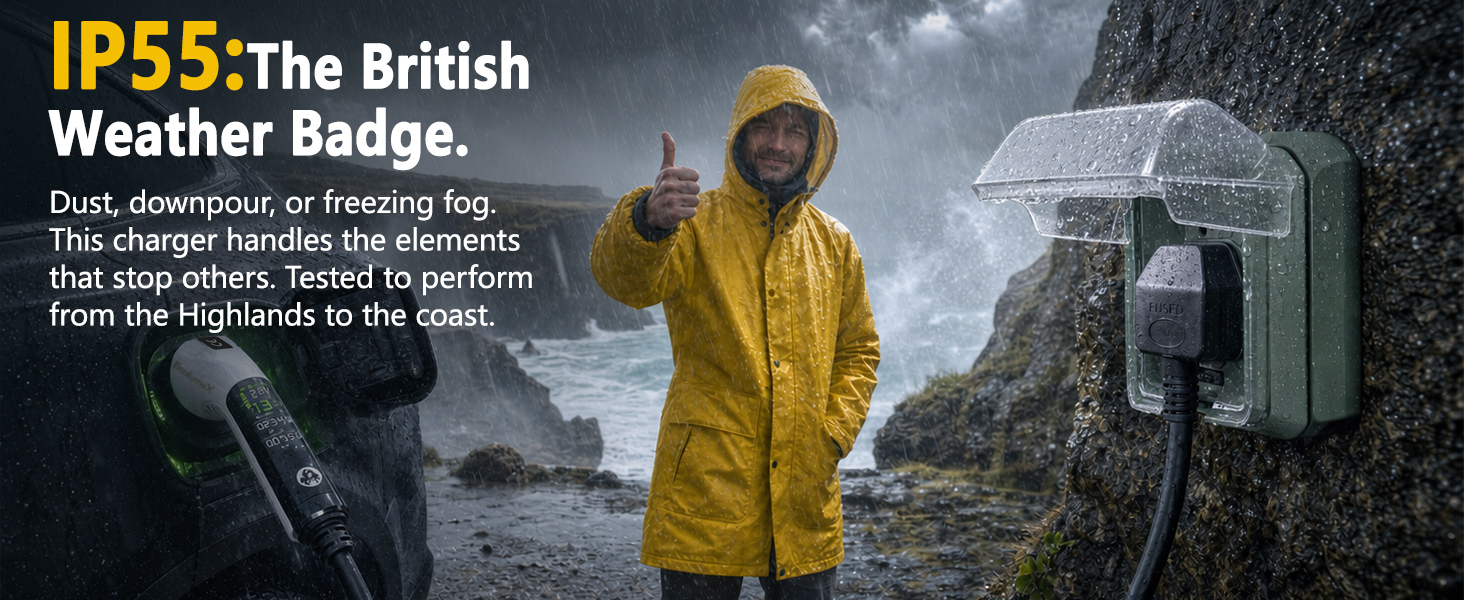 Text reads 'IP55 The British Weather Badge.' Image shows person wearing yellow waterproof jacket in rainy urban setting with buildings visible in blurred background.