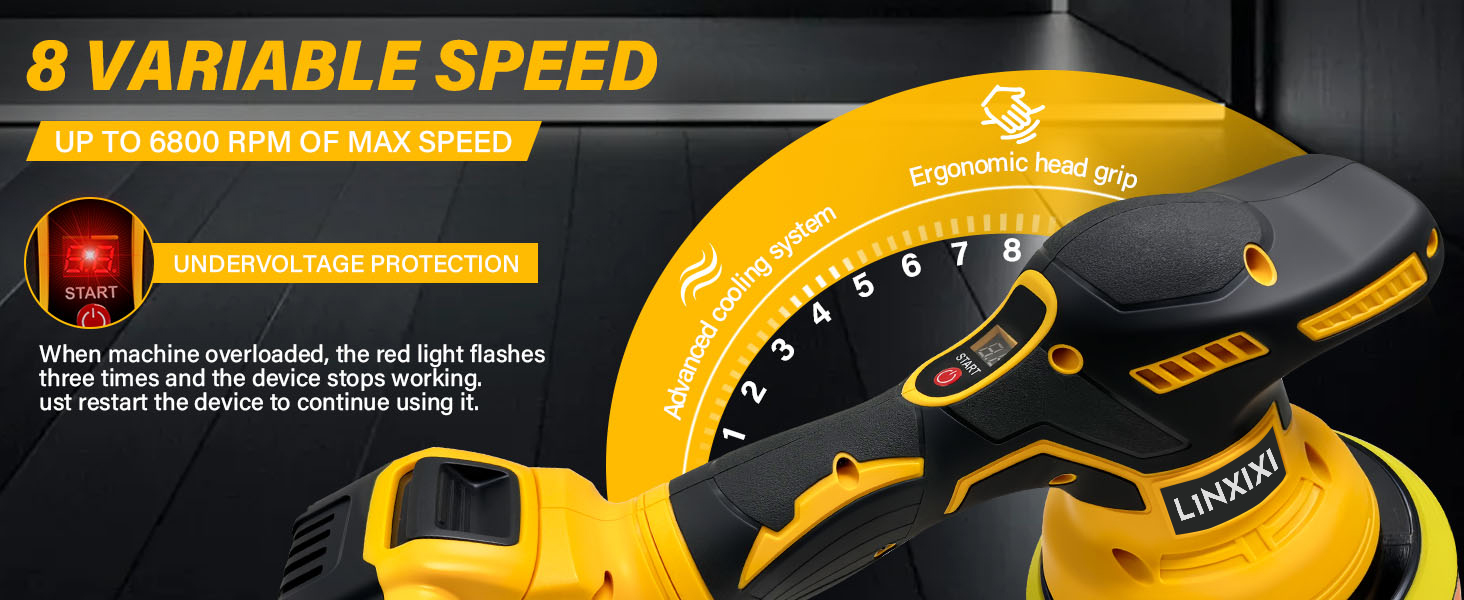 Text reads '8 VARIABLE SPEED'. Yellow circular power tool head with black control dial featuring speed settings and labeled adjustment markings.