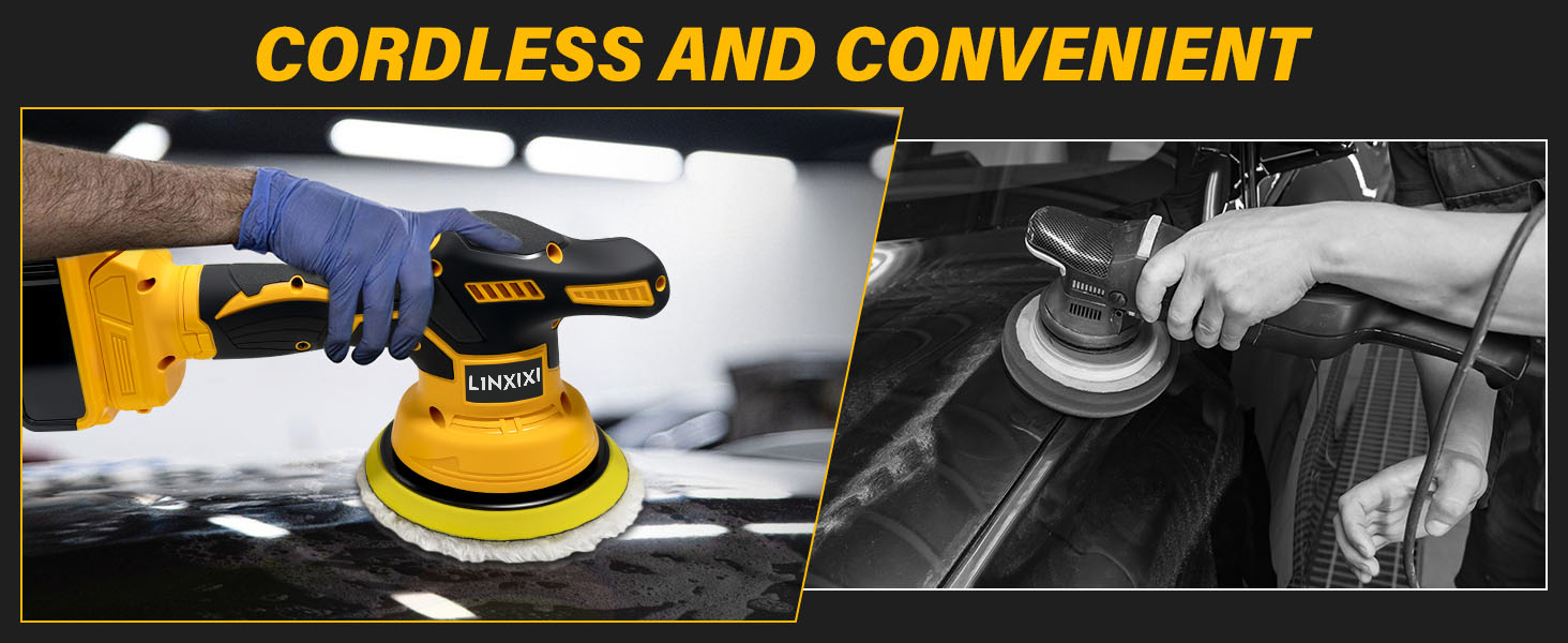 Text reads 'CORDLESS AND CONVENIENT' in yellow and orange. Power drill with yellow and black accents shown with various drill bits and accessories on dark background.