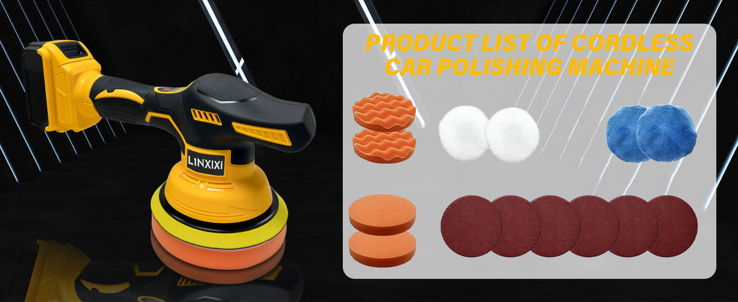 Text reads 'POLISHER KIT' with yellow orbital polisher tool and assorted polishing pads in various colors (orange, white, blue, burgundy, brown) arranged on gray surface.