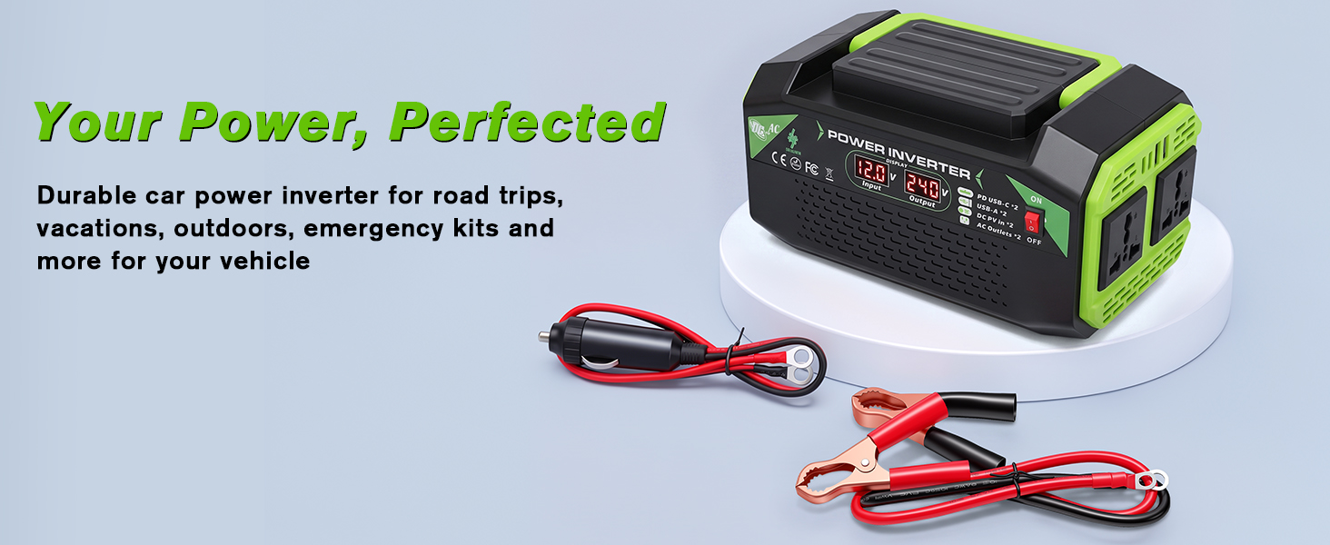 Text reads "Your Power, Perfected" and "Portable car power essential for road trips, vacations, outdoors, emergency kits and more for your vehicle." Black and green portable power station with dual red and black charging cables displayed.