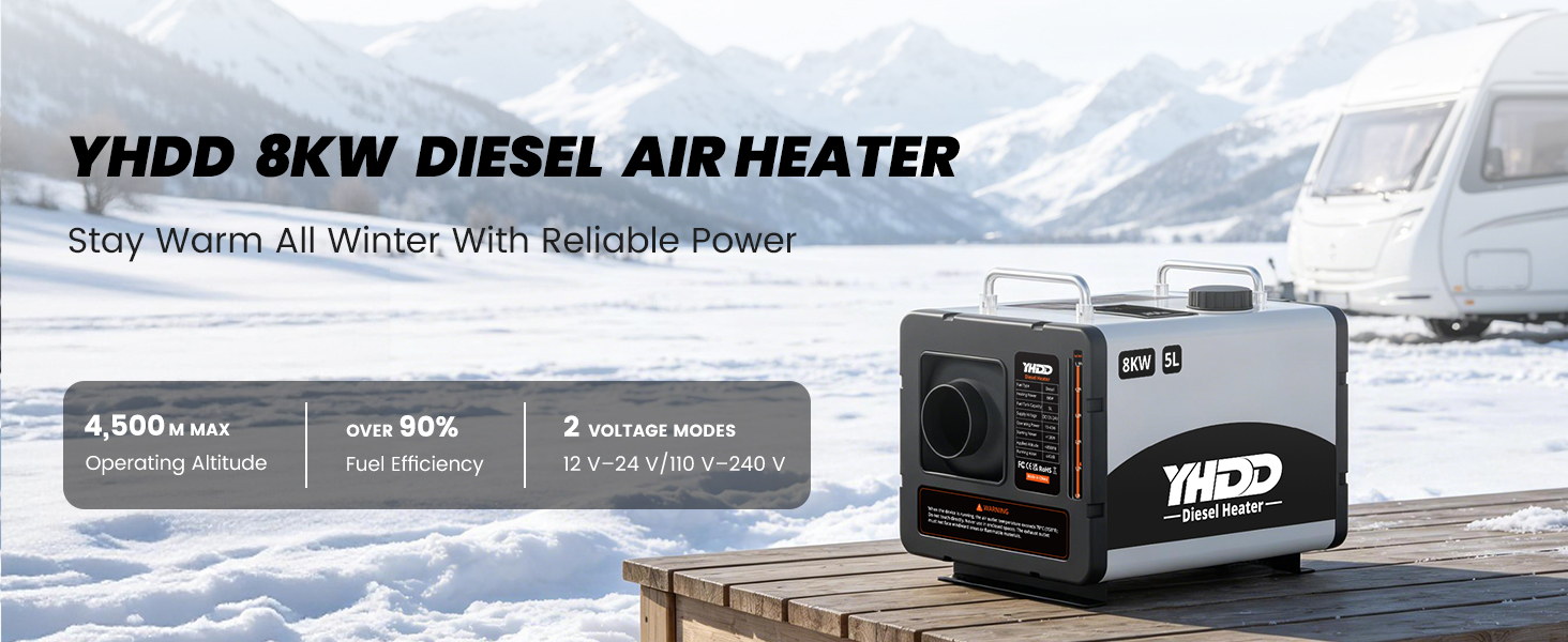 Text reads 'YIHDD 8KW DIESEL AIR HEATER' and 'Dry Warm All Winter With Superior Power'. Product shows black diesel heater unit with snow-covered background. Specifications include heating capacity, fuel consumption, and power output details.