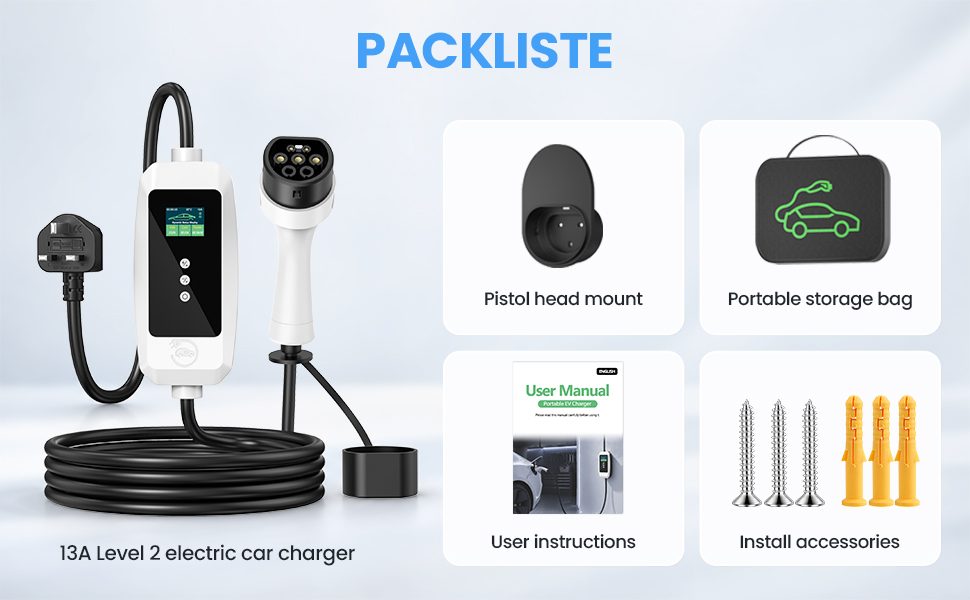 Text reads "Portable charging station for electric vehicles" and "We meet your diverse needs." Multiple panels show EV charging scenarios: indoor installation, outdoor car charging, and family outdoor activities.