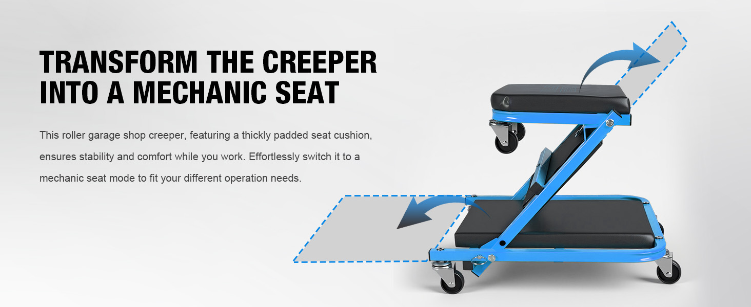 Text reads 'TRANSFORM THE CREEPER INTO A MECHANIC SEAT' with descriptive paragraphs below. Image shows blue and black mechanic creeper seat with wheels and adjustable features against white background.