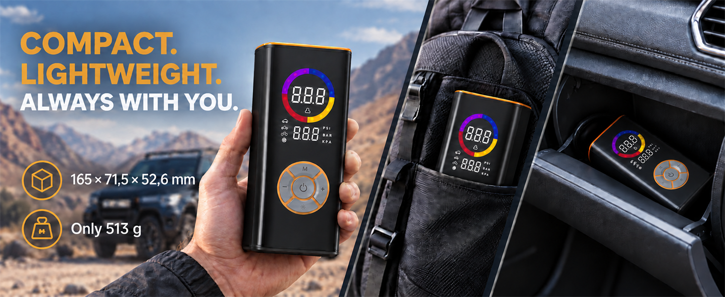 Text reads 'COMPACT LIGHTWEIGHT ALWAYS WITH YOU'. Smartphone displaying app interface with mountain/outdoor background, product featuring portability messaging.