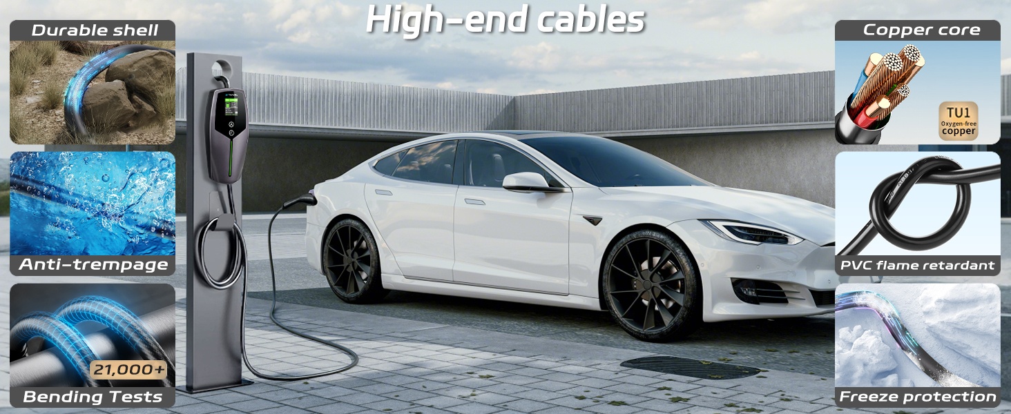 Text reads: 'Clip and cable'. Split panel showing white electric vehicle charging at station, with close-up of charging cable and connector.