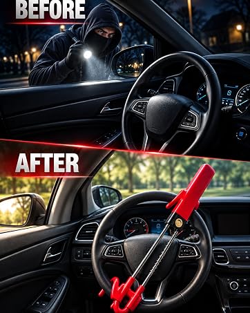 Text reads "BEFORE" and "AFTER". Before: car interior with steering wheel in darkness. After: same steering wheel with red anti-theft device installed. Demonstrates steering wheel lock product effectiveness.