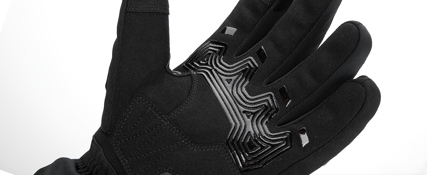 Black gloves or mittens with white geometric pattern detail on palm side, displayed against white background showing product texture and design.