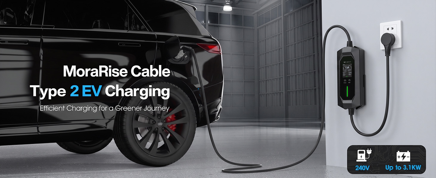 Text reads 'MoraRise Cable Type 2 EV Charging'. Electric vehicle charging cable with connector plug displayed next to parked vehicle wheel, showing cable length and charging port specifications.