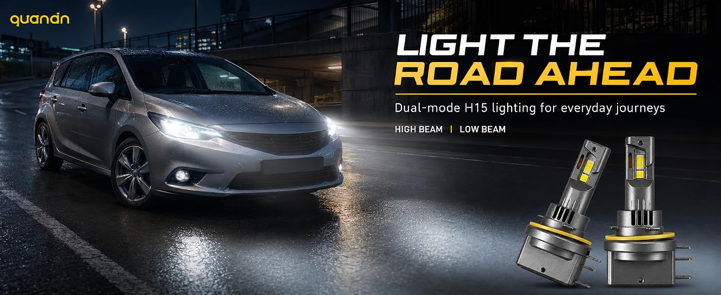 Text reads 'LIGHT THE ROAD AHEAD' with additional product text below. Image shows car headlights illuminating road at night, featuring vehicle headlight components.