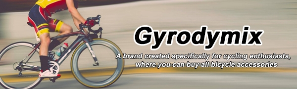 Text reads: 'Gyrodymix'. Cyclist in yellow and red attire riding road bike against plain background. Text appears to be product or brand name.