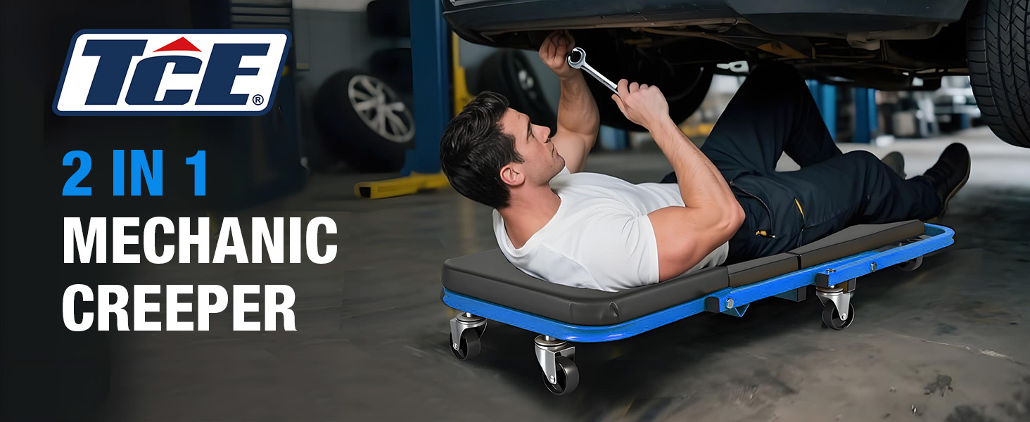 Text reads 'URGE 2 IN 1 MECHANIC CREEPER'. Blue mechanic creeper with padded backrest and wheels, person lying underneath vehicle for maintenance work.