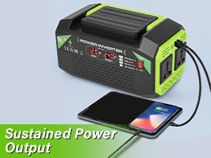 Text reads 'Robust Compact Power Inverter'. Green and black portable power inverter box with antenna and USB port against light background.