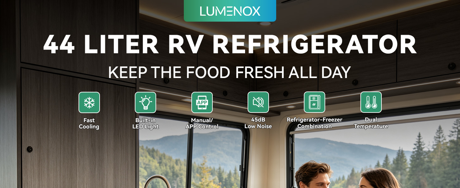 Text reads '44 LITER RV REFRIGERATOR' and 'KEEP THE FOOD FRESH ALL DAY'. Stainless steel RV refrigerator displayed with scenic mountain landscape background and six function icons showing features.
