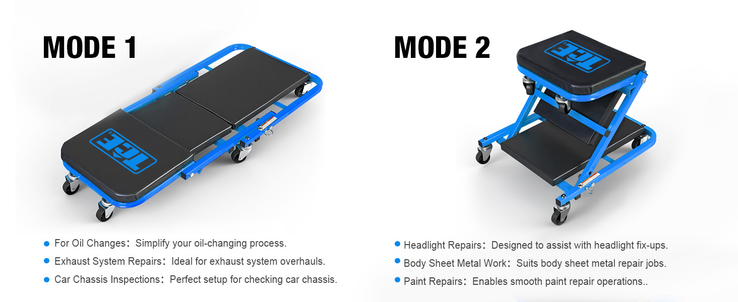 Text reads 'MODE 1' and 'MODE 2'. Two product views showing blue and black mechanical device in different configurations - flat mode and elevated folding mode with wheels.