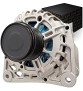 Automotive alternator with metallic silver housing, black pulley wheel, and cooling fins. Displayed with black packaging box featuring textured surface and white label.
