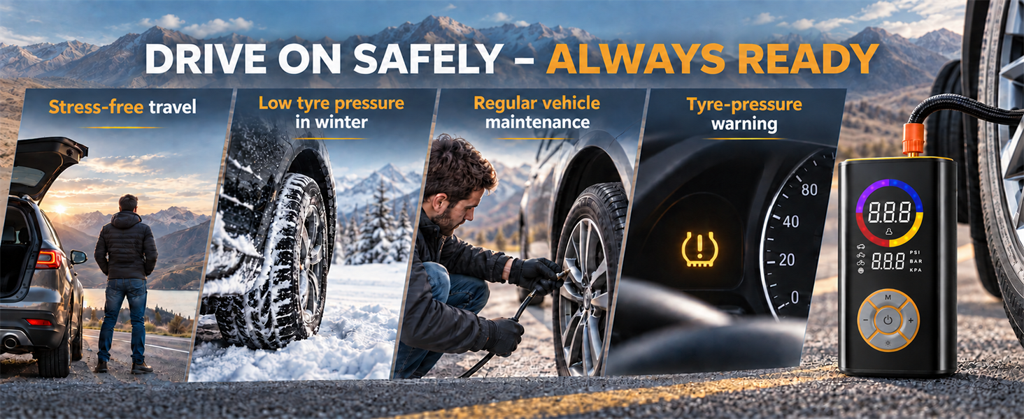 Text reads 'DRIVE ON SAFELY - ALWAYS READY'. Car dashboard displaying automotive safety product with vehicle exterior and road conditions shown in background montage.