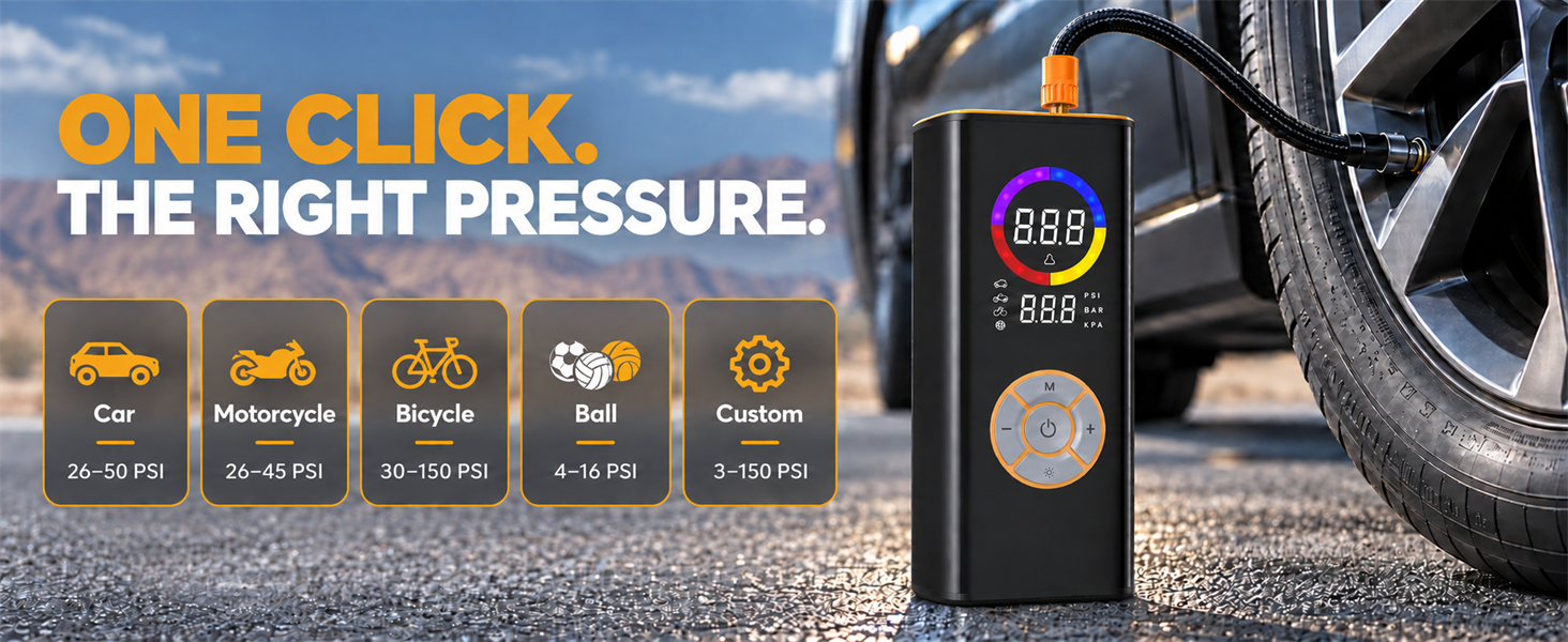 Text reads 'ONE CLICK THE RIGHT PRESSURE.' Tire pressure gauge display showing multiple pressure settings and a close-up of a tire valve with pressure measurement indicator.