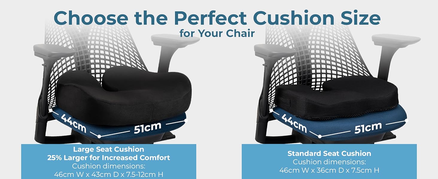 Text reads 'Choose the Perfect Cushion Size for Your Chair'. Two chair cushions displayed showing size options: 51cm and 45cm dimensions with blue labels indicating cushion specifications and measurements.