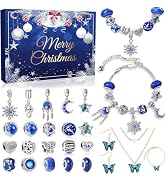 Text reads 'MERRY Christmas' on dark gift box. Jewelry advent calendar set containing two charm bracelets with rose gold and silver-tone charms, necklaces, earrings, and decorative charm beads in various festive designs.