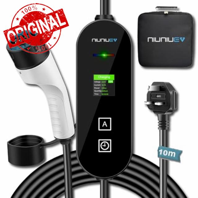 10M 3 Pin EV charger Granny charger 3KW 13A Type 2 Charging Cable NIUNIUEV® Portable Electric Car Charger 3 Pin Plug UK with LED Display/Timing function