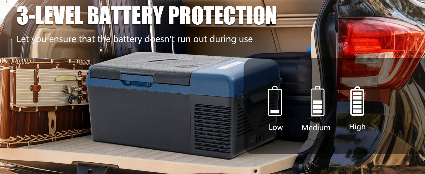 Text reads '3-LEVEL BATTERY PROTECTION'. Product demonstration showing battery level indicators with Low, Medium, and High states represented by battery icons.