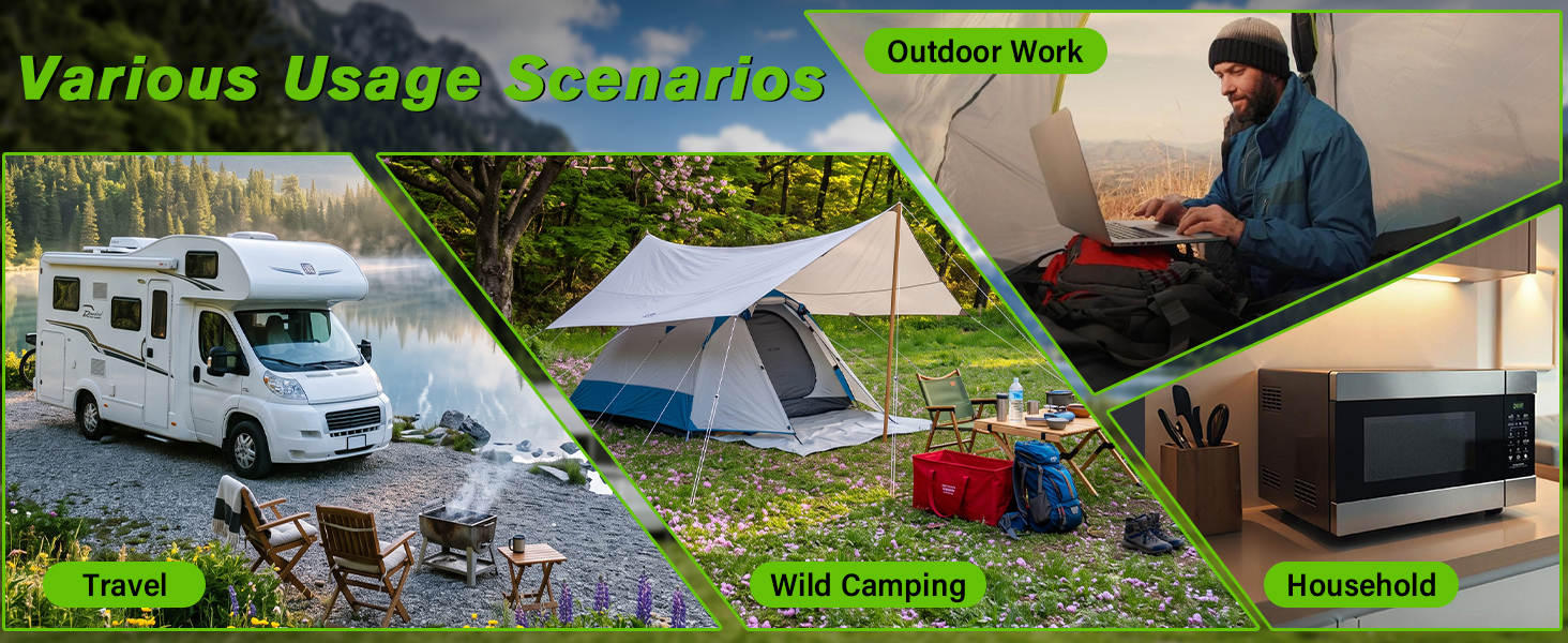 Text reads 'Various Usage' and 'Activities.' Composite showing outdoor usage scenarios: camping with tent and vehicle, indoor storage/organization, and tent camping setup in natural settings.
