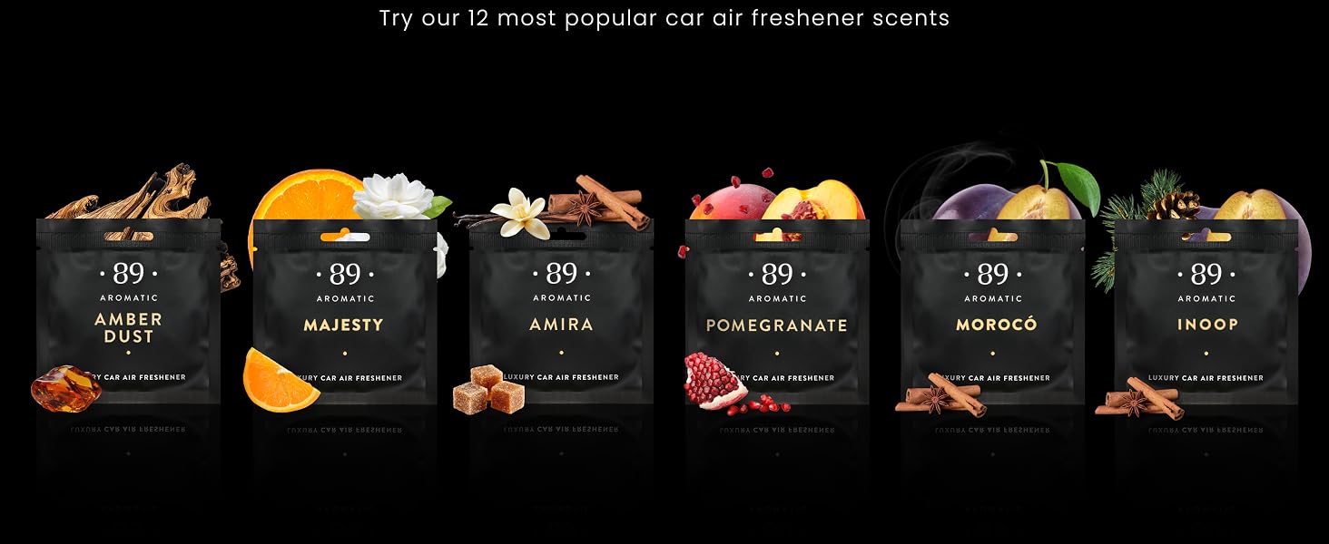 Text reads: 'ALL INCLUDED SCENTS', followed by six scent options with icons. Six dark product containers displayed with colorful fruit and ingredient icons representing different fragrance varieties.