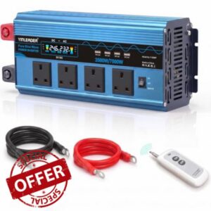 Yinleader 3500W Pure Sine Wave Inverter 24V to 240V 4 AC 4 USB LCD Remote 7000W peak – clean power for all devices. 10M wireless remote included. Ideal for RV