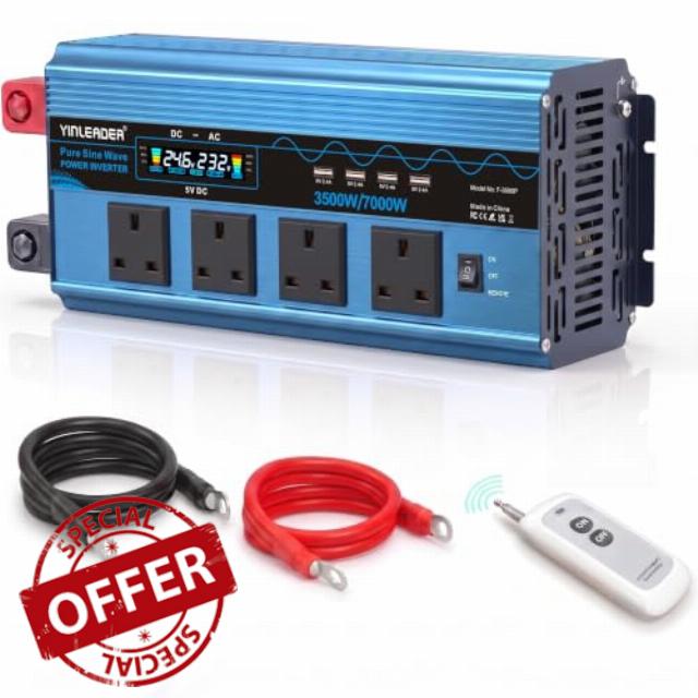 Yinleader 3500W Pure Sine Wave Inverter 24V to 240V 4 AC 4 USB LCD Remote 7000W peak – clean power for all devices. 10M wireless remote included. Ideal for RV