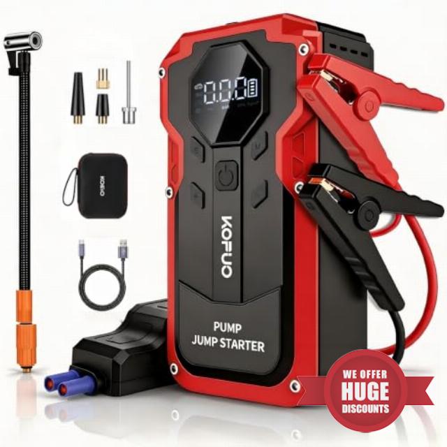 150PSI Jump Starter Power Pack with Air Compressor with Full Kit-Red                                                          6000A 6in1 Car Battery Booster Jump Starter for 8L Gas/6.5L Diesel