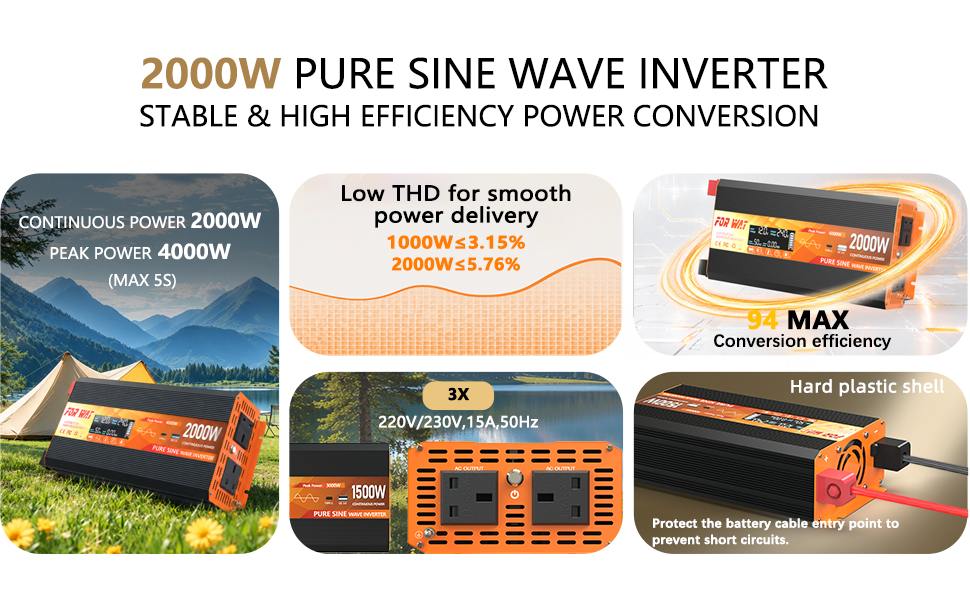 Text reads 'STABLE PURE SINE WAVE POWER SUPPLY' with product image showing black power supply unit and orange/black branded box, plus technical specifications or manual documentation below.