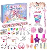 Text reads 'UNICORN SCOOL' on box. Children's accessory set with pink and purple themed items: brushes, hairclips, purse, heart-shaped mirror, nail polish, rings, earrings, and decorative accessories.
