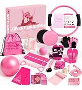Text reads 'FITNESS' and 'ADVENT CALENDAR'. Fitness advent calendar with 24 compartments containing resistance bands, jump rope, yoga mat, dumbbells, workout accessories, and black fitness equipment displayed as flat lay.