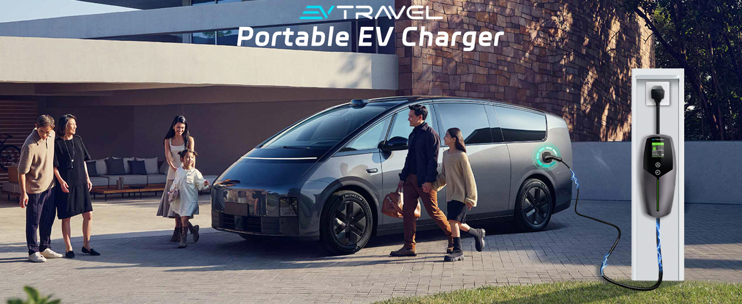 Text reads 'Portable EV Charger'. Lifestyle image showing electric vehicle charging station with people and car in evening/dusk setting.