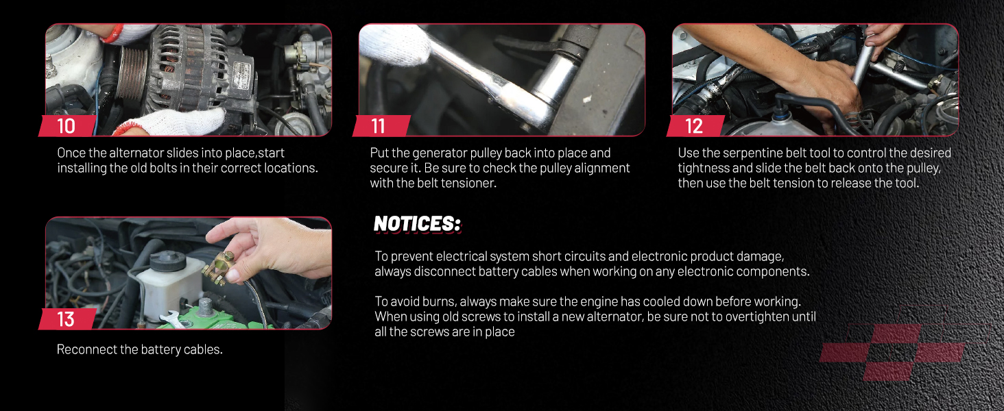 Text reads 'NOTICE:' (center). Three black panels showing hands using industrial equipment/tools in different applications with descriptive text beneath each.