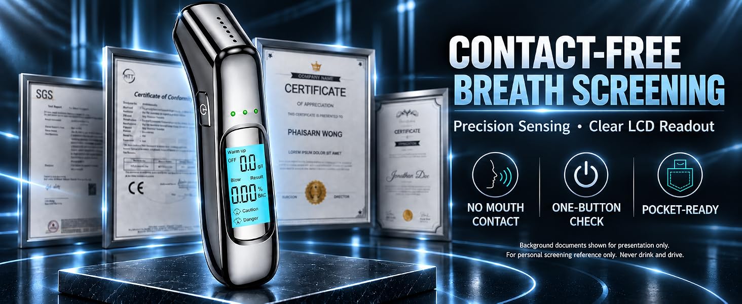 Text reads 'CONTACT-FREE BREATH SCREENING' and product name visible. Display of antimicrobial oral care products with icons showing benefits. Blue and white packaging arrangement with promotional graphics.