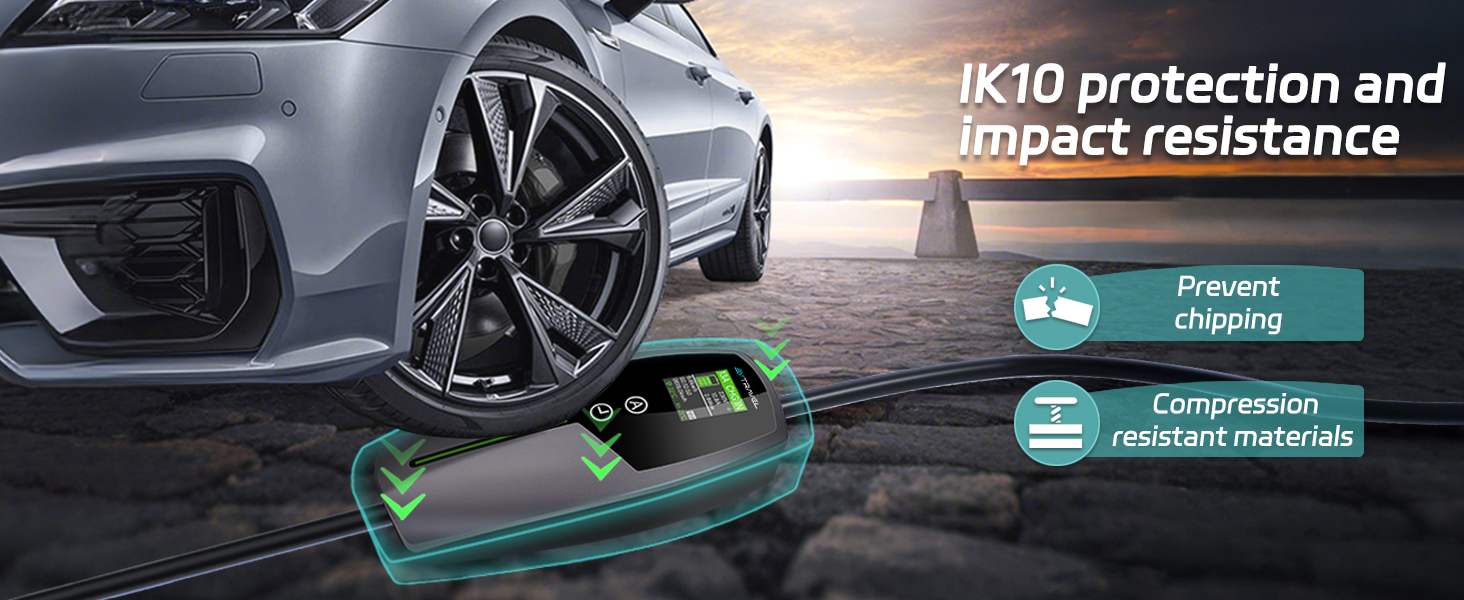 Text reads 'IK10 protection and impact resistance'. Product protection advertisement showing car wheel and graphical overlay indicating physical cover features.