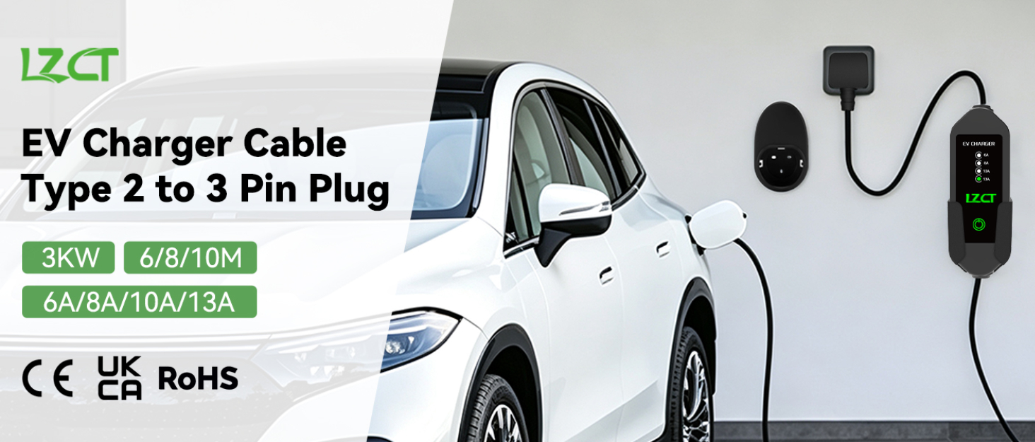 Text reads 'LZCT', 'EV Charger Cable', 'Type 2 to 3 Pin', 'EU', 'CE', 'RoHS'. White electric vehicle charging cable with connector components displayed on white background.