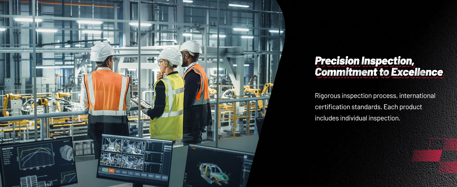 Text reads 'Commitment to Excellence', 'Precision Inspection.' Industrial manufacturing facility showing workers in safety vests performing quality control inspections on production line.